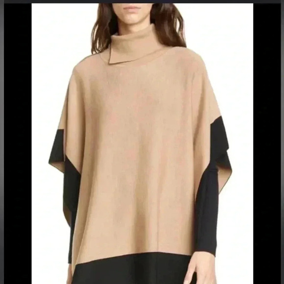 [O/S] Hugo  Boss LISANDRA VIRGIN WOOL PONCHO SWEATER IN CAMEL - Picture 2 of 9
